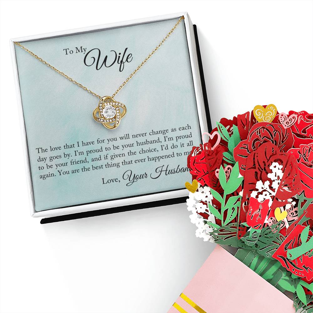 To My Wife - Proud To Be Your Husband Love Knot Necklace + Faux Flower Bouquet