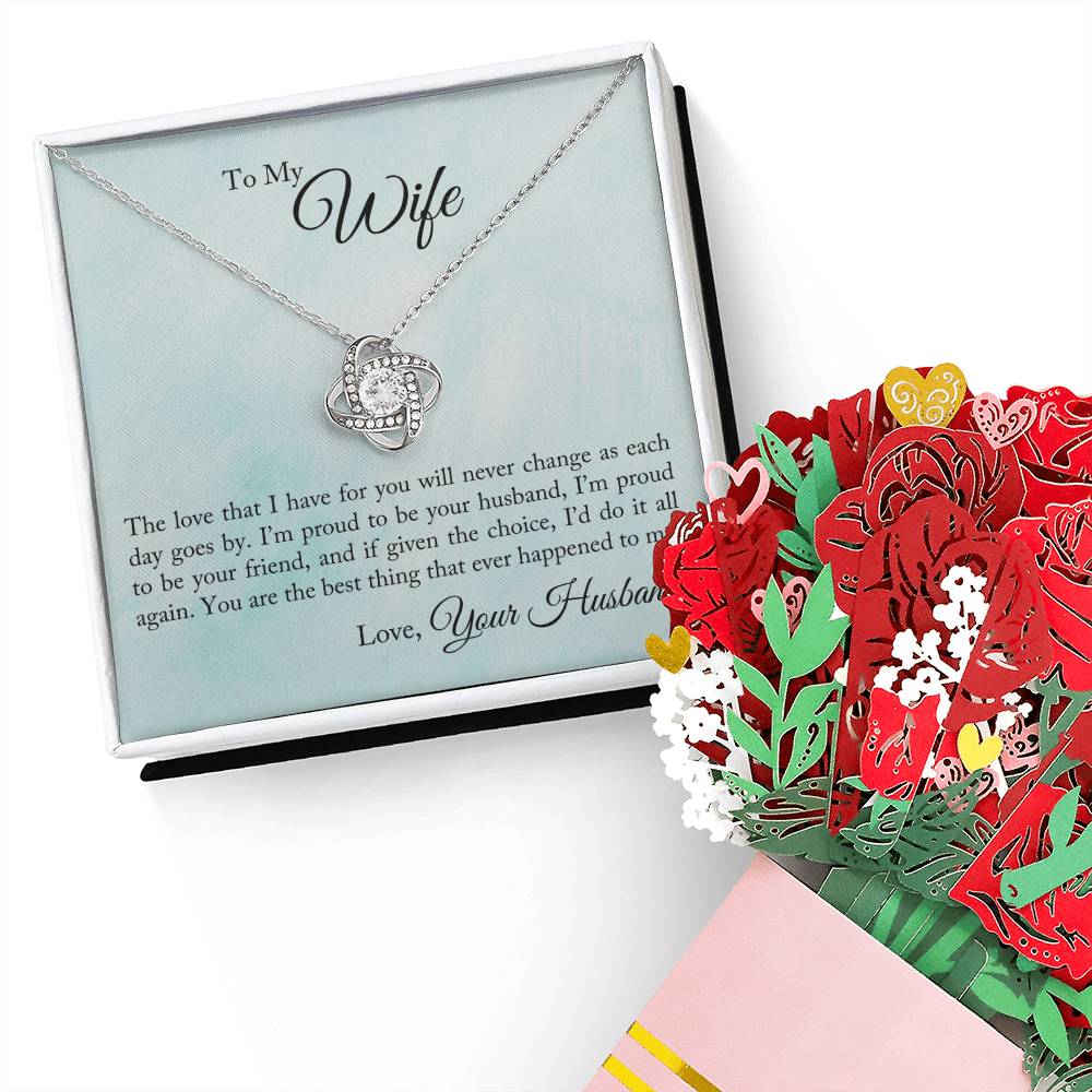 To My Wife - Proud To Be Your Husband Love Knot Necklace + Faux Flower Bouquet